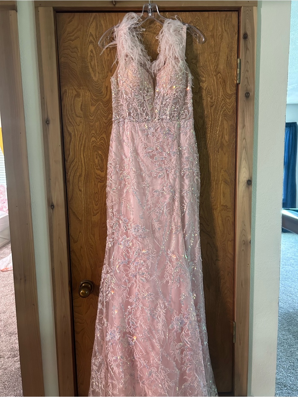 Elegant Pink Feather-Trim Prom Dress